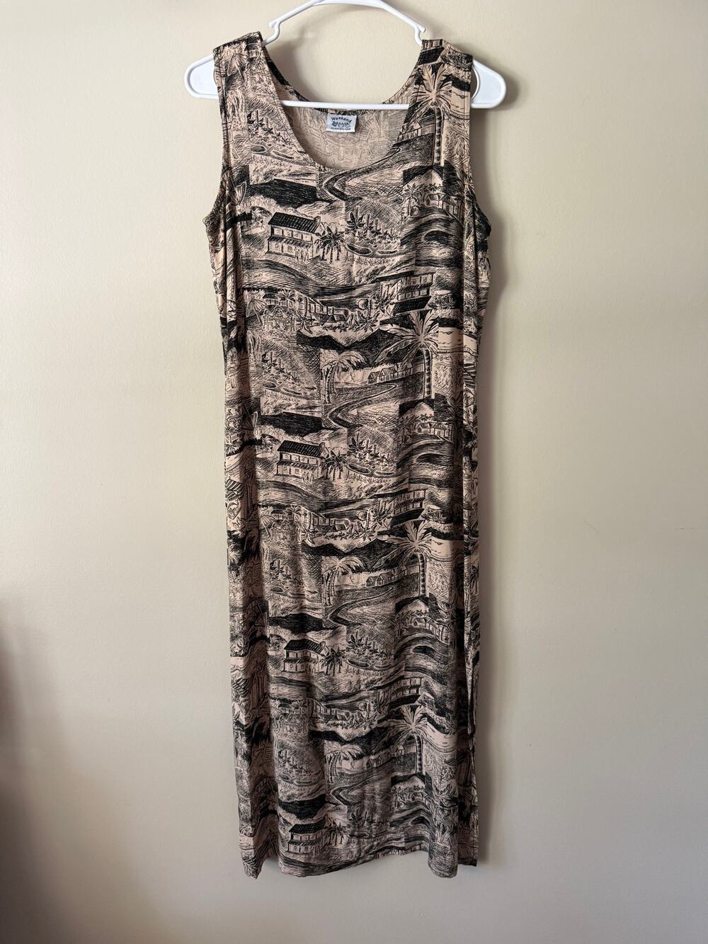 vintage Weekend Clothes Line dress tan black tropical landscape toile print